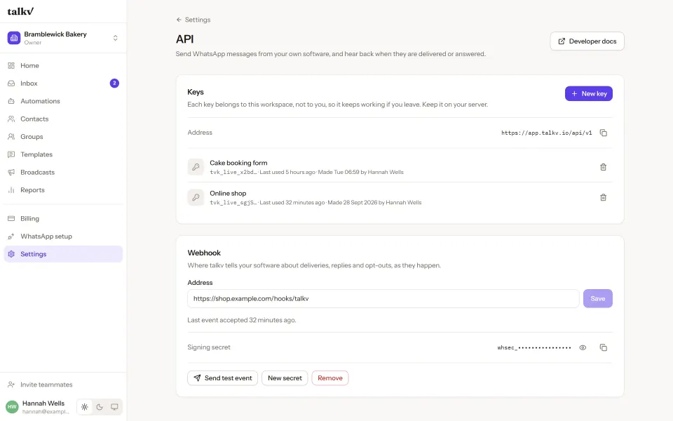 The talkv API settings screen: two keys showing when each was last used, and a webhook address with its signing secret and a button to send a test event.