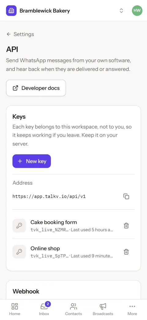 Settings, API, on a phone: the address to call and two keys, each with when it was last used.