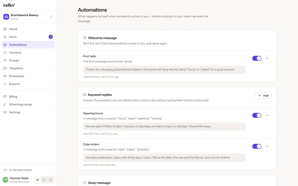 The talkv automations screen: a welcome message and keyword replies for opening hours and cake orders.