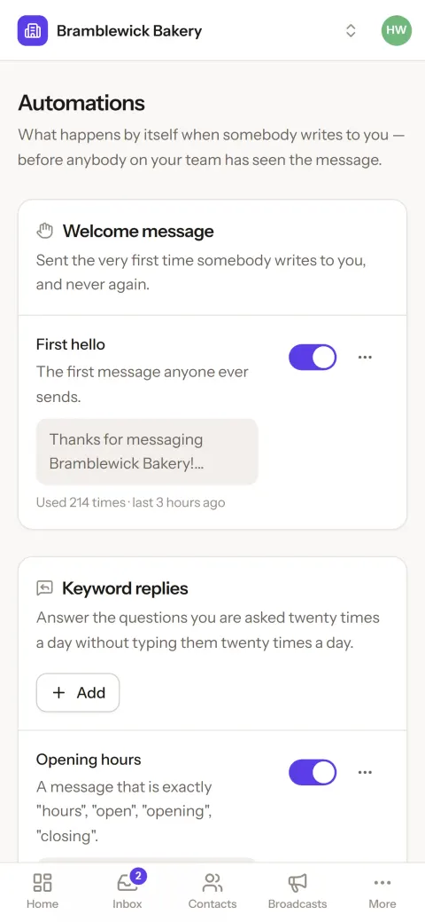 The talkv automations screen: a welcome message and keyword replies for opening hours and cake orders.