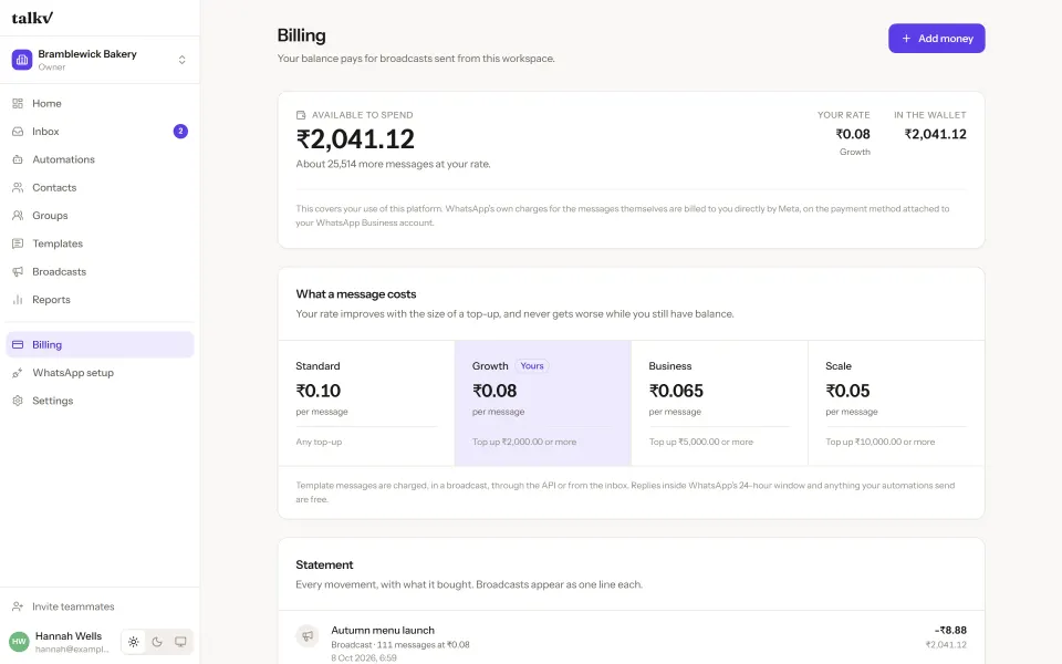 The talkv billing screen: the balance available to spend, the rate a top-up earned, and the four price tiers with the current one marked.