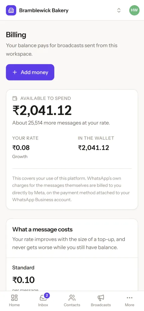 Billing on a phone: ₹2,041.12 available to spend, at a rate of ₹0.08 per message.
