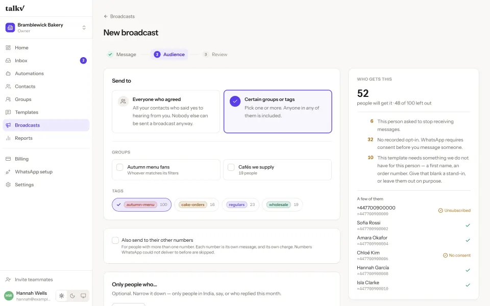 Choosing a broadcast audience in talkv: groups and tags with their sizes, and the people who will get it.
