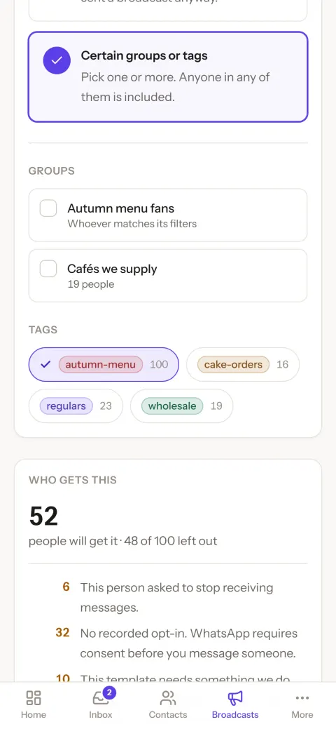 Choosing who gets a broadcast on a phone: the autumn-menu tag selected, and 52 people will get it — 48 of 100 left out.