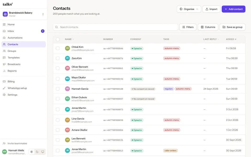 The talkv contacts list: names, numbers, consent and tags for each customer.