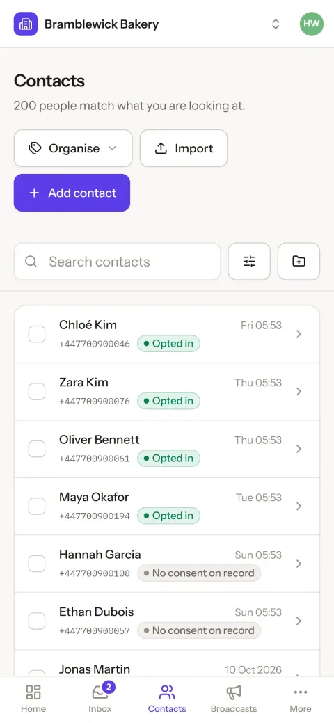 The contacts list on a phone: 200 people, each marked opted in or no consent on record.