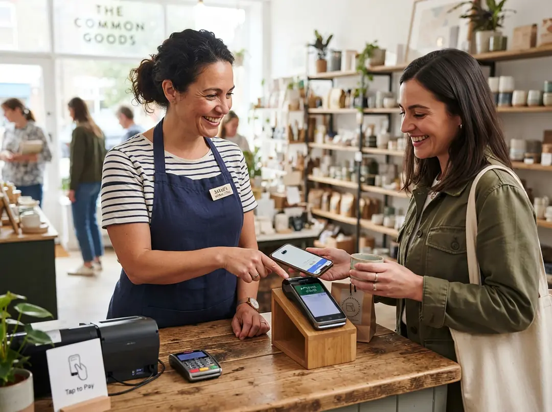 A customer paying by phone at the counter of a well-kept shop.