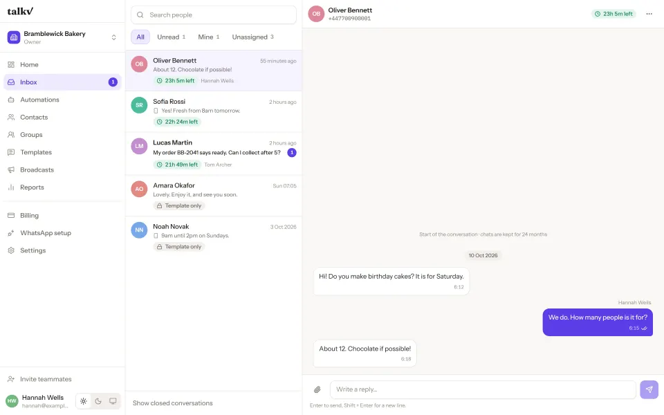 The talkv inbox: a list of customer chats beside an open conversation about a birthday cake.