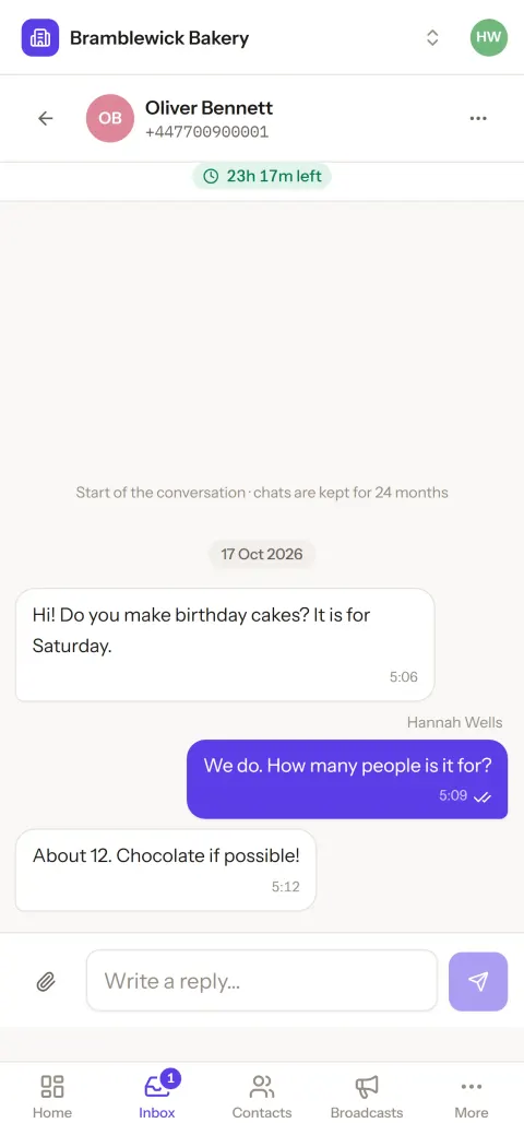 The talkv inbox on a phone: a customer asking for a birthday cake, with 23 hours left to reply freely.
