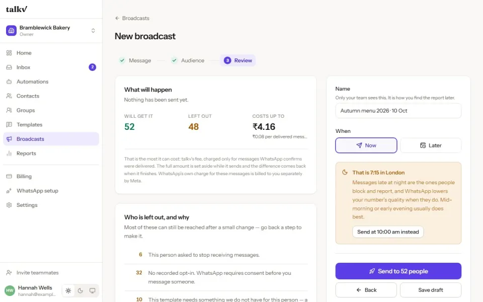 Building a broadcast in talkv: choosing the autumn menu message, picking a tag, and the review showing who will get it and who is left out.