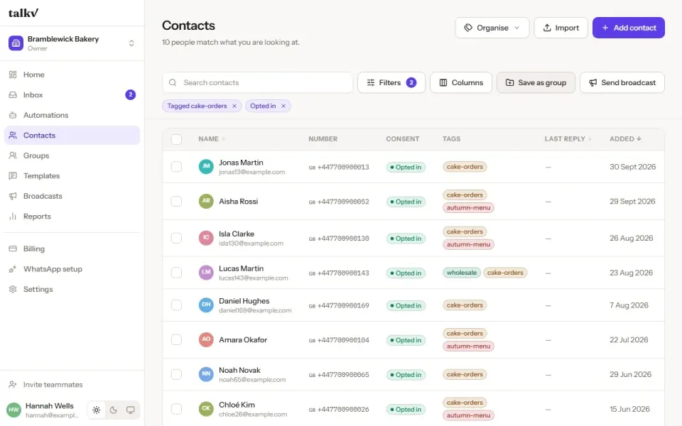 Filtering contacts in talkv to people who opted in and are tagged cake-orders — ready to save as a group.