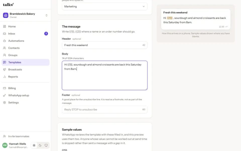 Writing a template in talkv: typing a name, a header and a message, with a live preview of how it arrives on a phone.