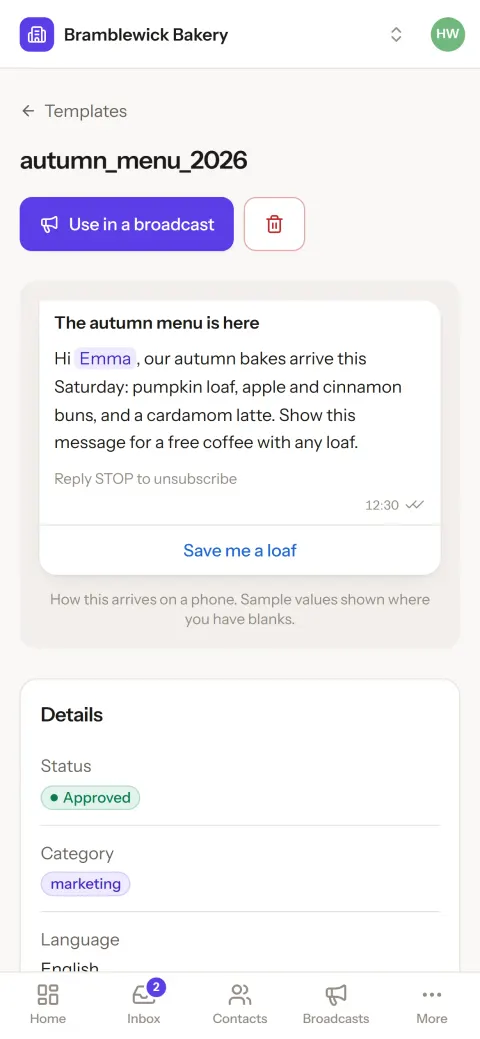 A template on a phone: the autumn menu message with a blank for the first name, approved, in the marketing category.